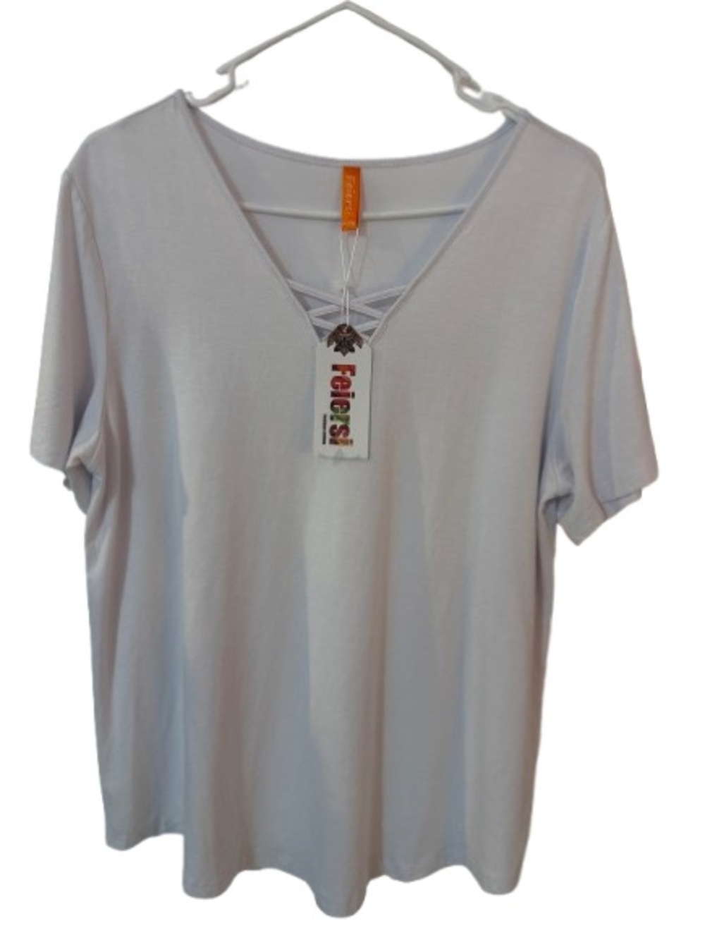 Feiersi Women’s Caged Front White Crisscross V-Neck Short Sleeve T-Shirt Size XL